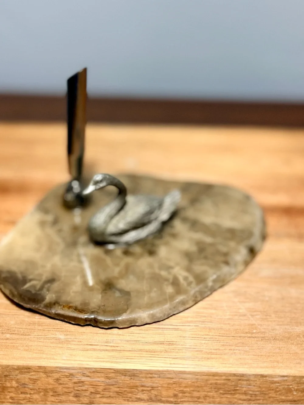 Vintage 1870s Pewter/ Silver tone Swan Pen Holder on Onyx stand.